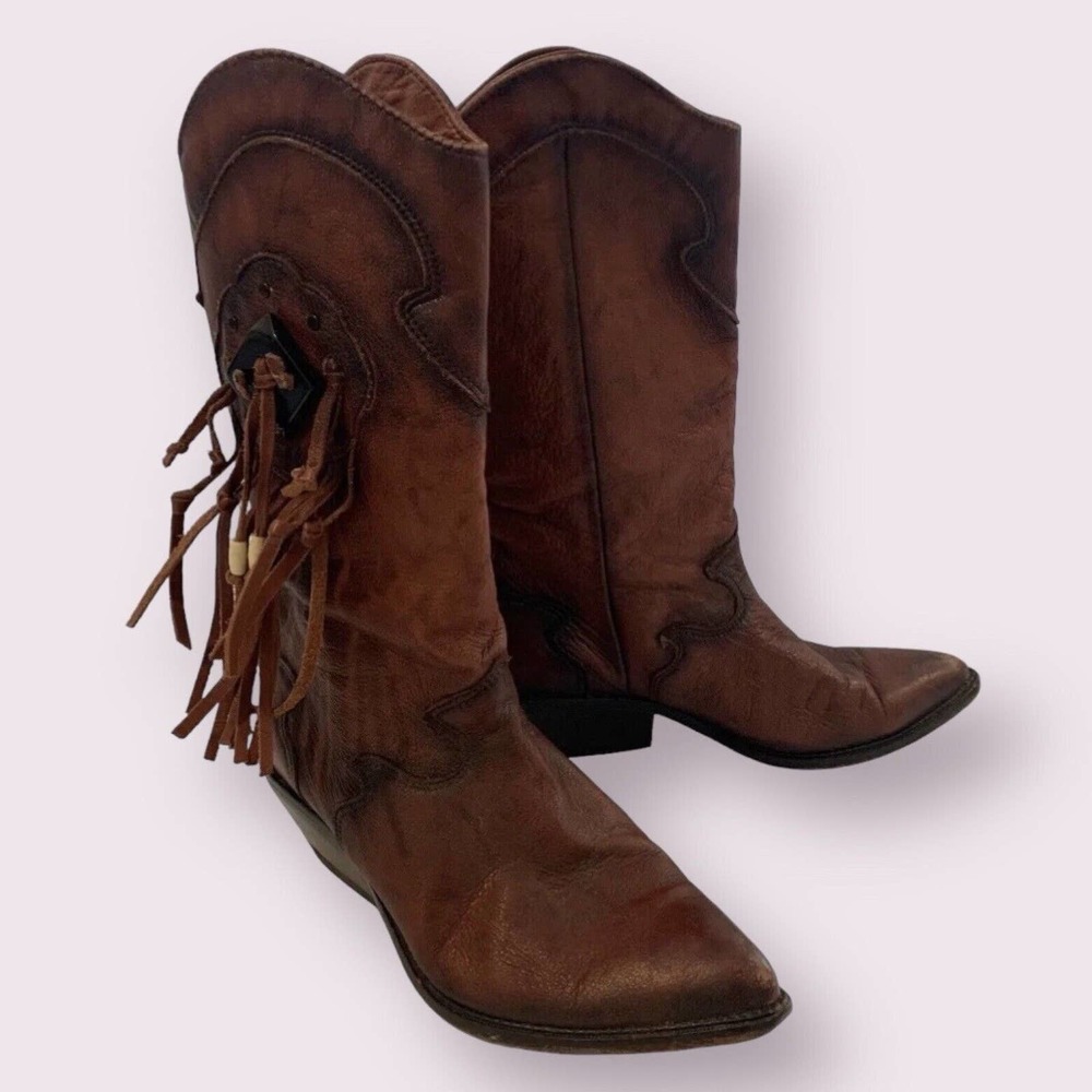 Vintage Zodiac Brown Leather Boho Western Coastal Cowgirl Boots Size 7.5